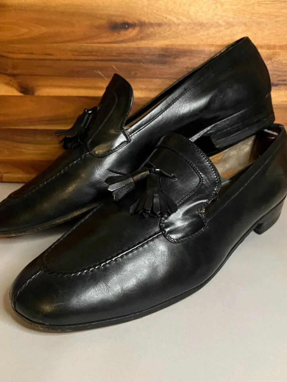 Vtg 70s Gucci Black Leather Tassel Loafers Kiltie Men's 10.5 Cursive Label Italy